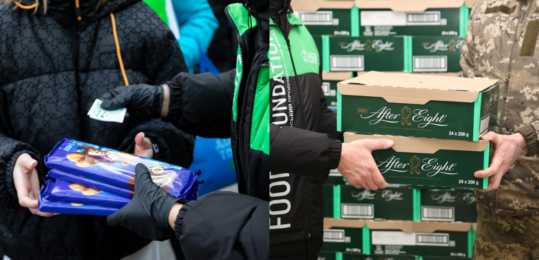 Two scenes showing people exchanging packaged chocolate items, one with chocolate bars and the other with boxed After Eight c
